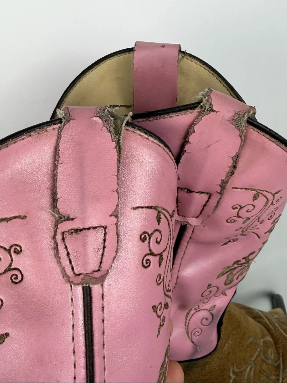 Old West kid's cowboy boots brown leather foot bed pink shaft embroidery size 3